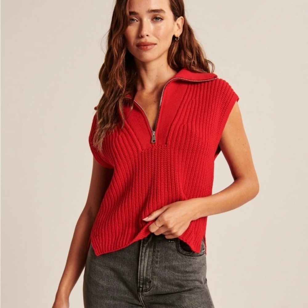 A&F Red Knit Half Zipped Sweater Vest